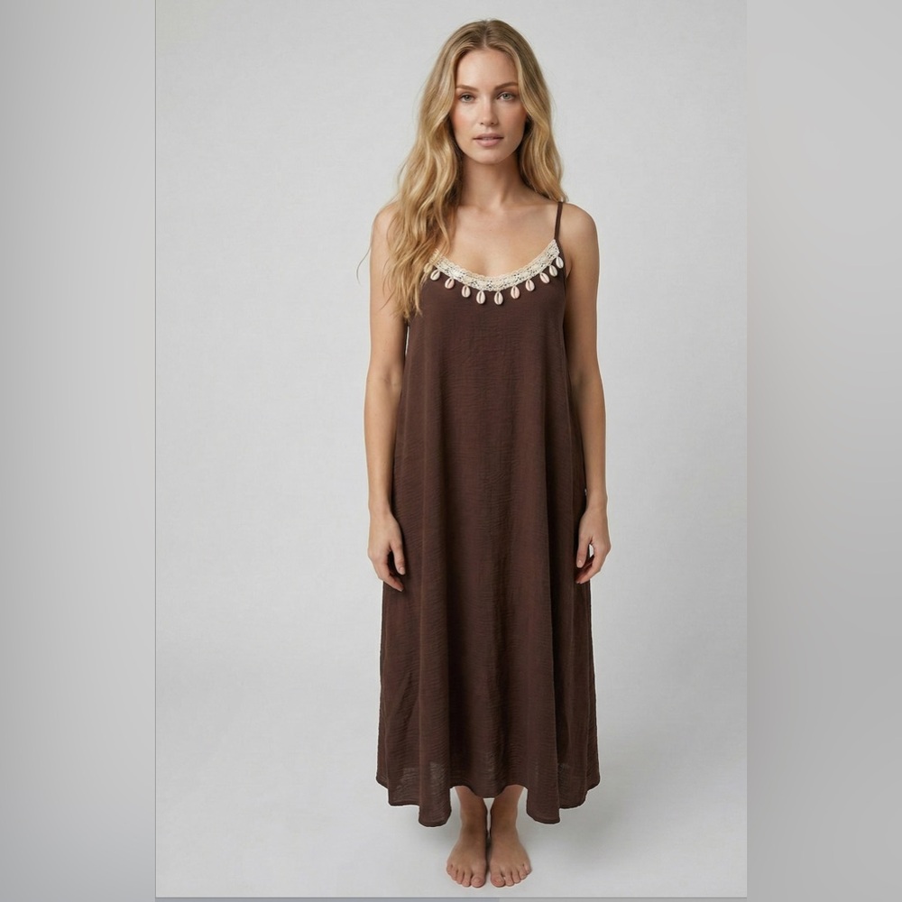 Boho Shell-Trimmed Maxi Slip Dress in Brown